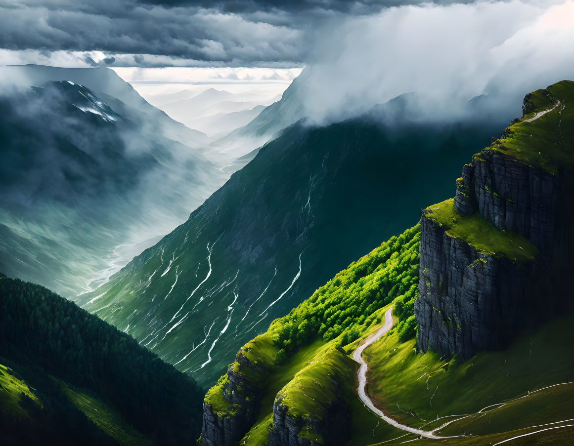 Green-clad mountains under dramatic sky with winding roads and mist.