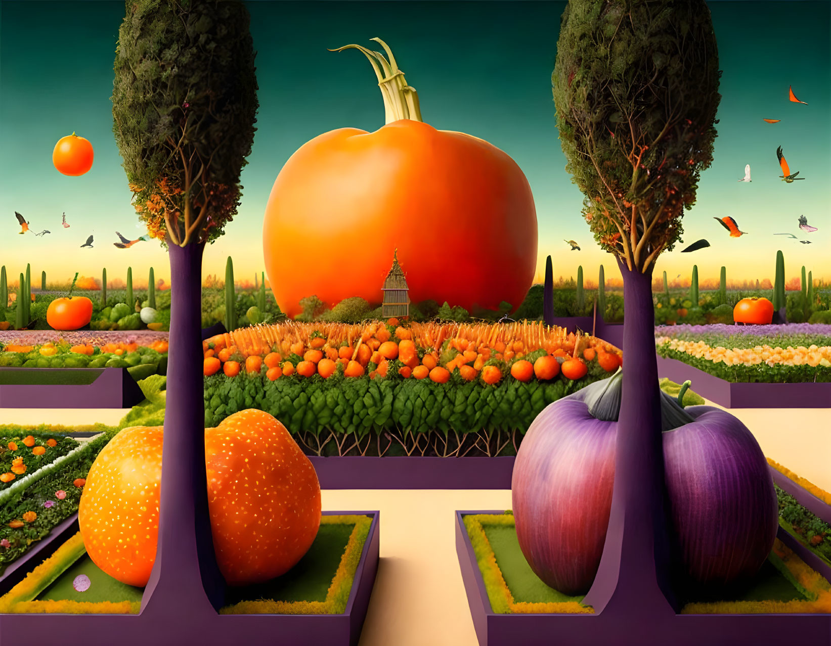 Giant Vegetable Landscape with Topiary Trees and Vivid Sky