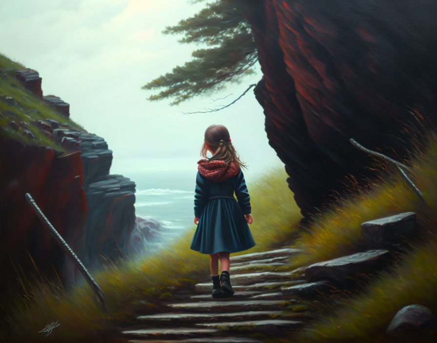 Girl in blue dress and red scarf walking on stone path between cliffs near sea with lone tree.