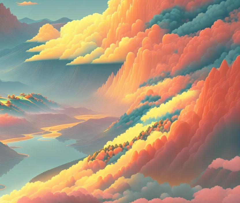 Colorful surreal landscape with fluffy clouds, rolling hills, and serene river at sunrise or sunset