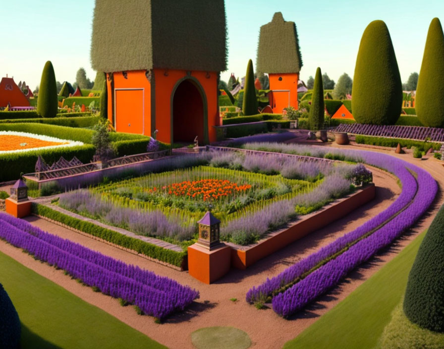 Manicured garden with lavender rows, tulips, sundial, hedges, and orange door