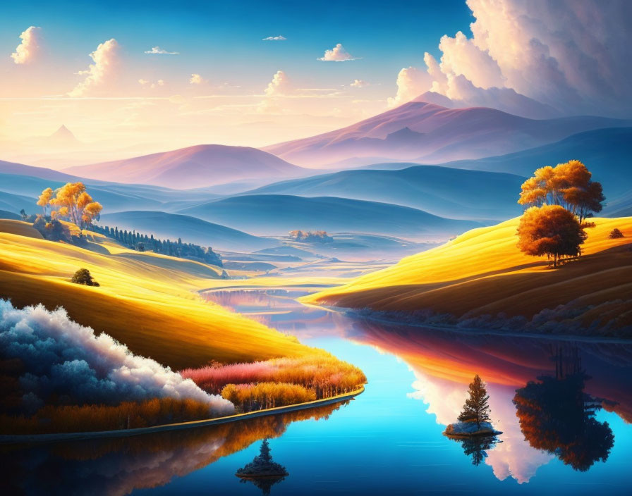 Tranquil landscape with rolling hills, calm river, autumn trees, and colorful sky