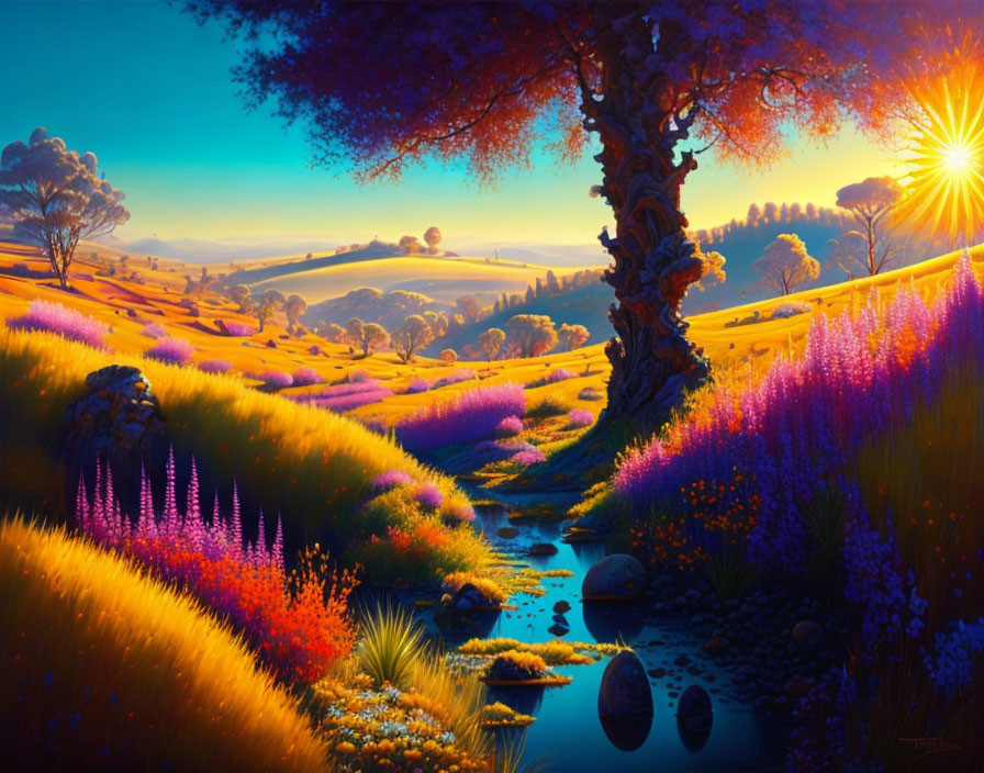 Colorful Sunset Landscape with Tree, Flowers, Stream, and Hills