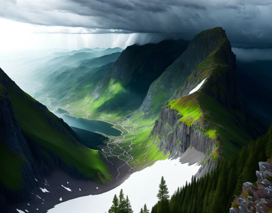 Green mountains, river valley, snow patches under stormy sky