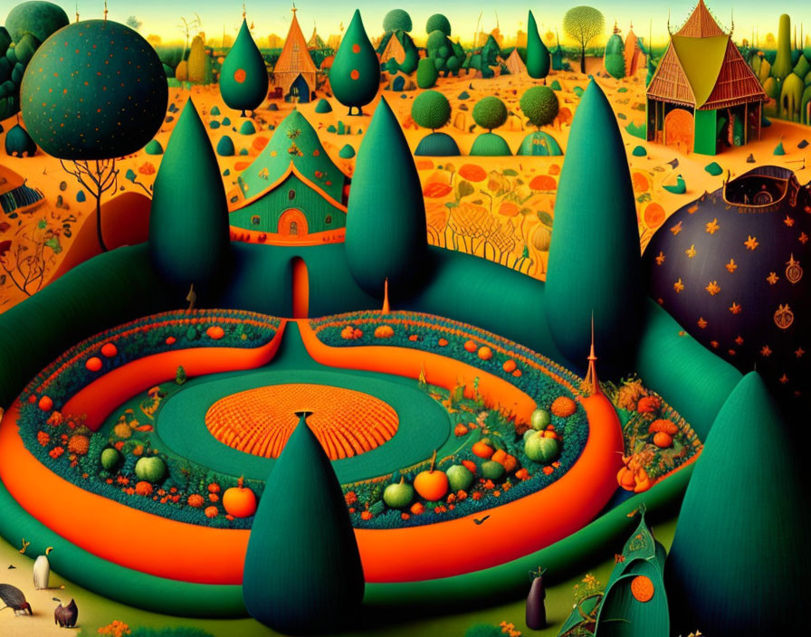 Vibrant landscape with round green trees, orange pathways, and whimsical houses.