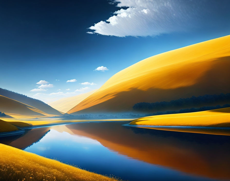 Golden dunes and blue lake in serene landscape at sunrise or sunset