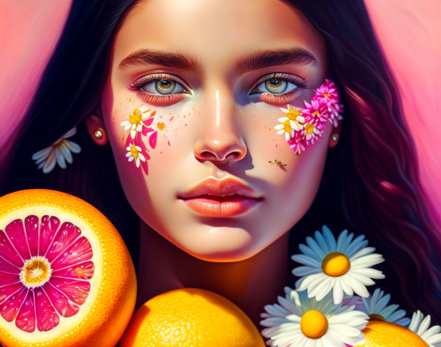 Vibrant digital portrait of a girl with floral cheeks in warm colors