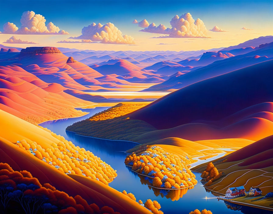 Colorful landscape painting: sand dunes, river, foliage, clouds