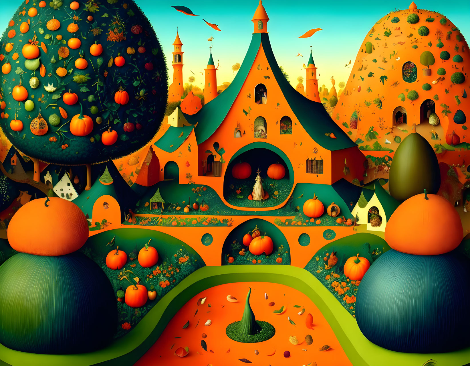 Colorful fantasy landscape with rounded buildings and fruit trees