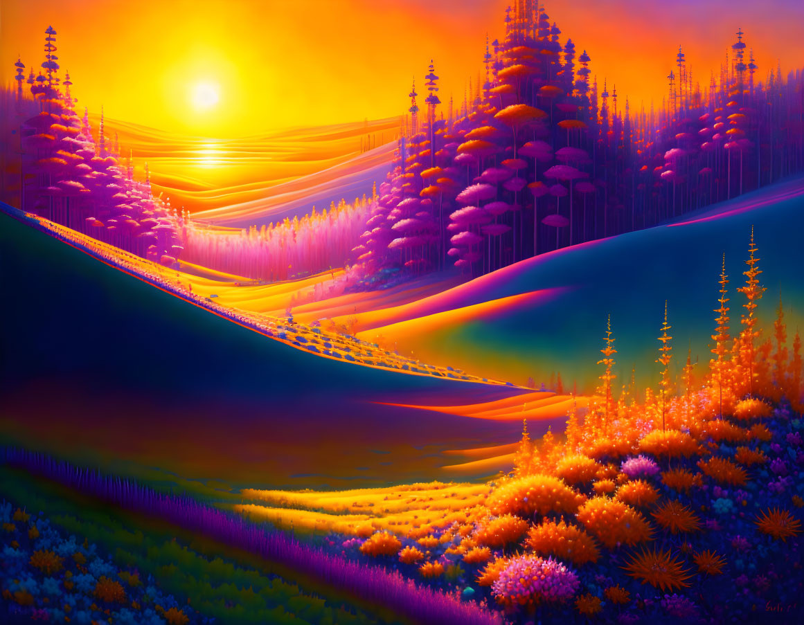 Colorful surreal landscape: vivid trees, rolling hills, bright flowers at sunset