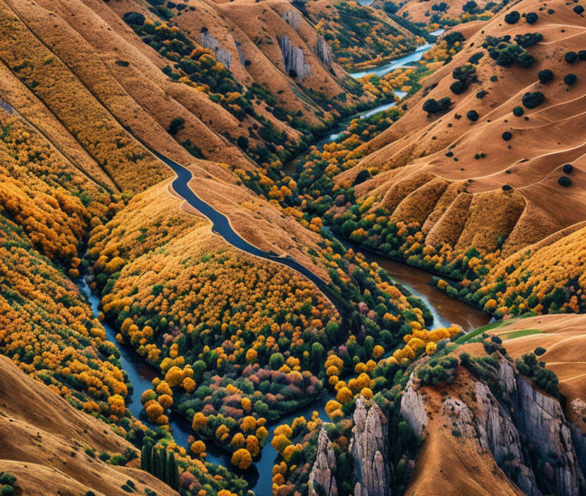 Scenic aerial view of meandering river and autumn trees in golden hills