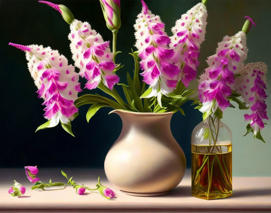 Pink and White Foxglove Flowers in Beige Vase with Glass Bottle