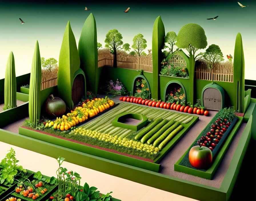 Vibrant Garden Illustration with Topiary and Colorful Produce