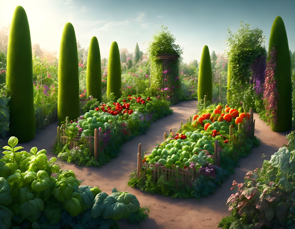 Lush vegetable and flower garden path with trimmed topiary under soft light