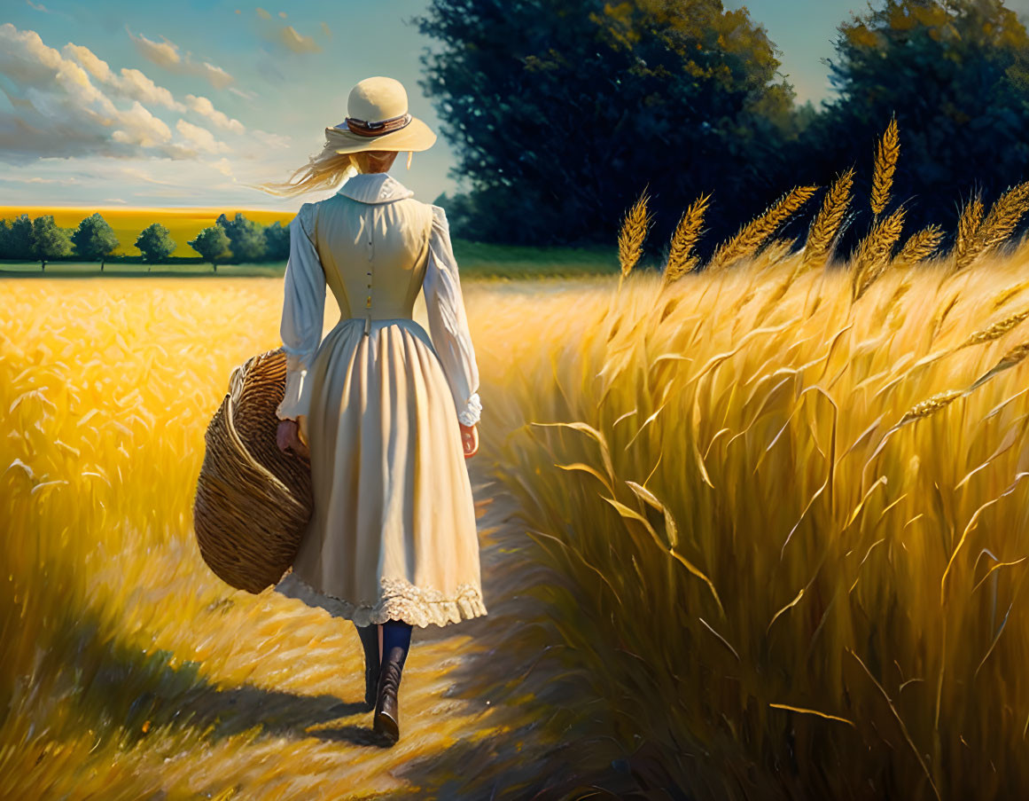 Woman in vintage dress walking in golden wheat field with basket