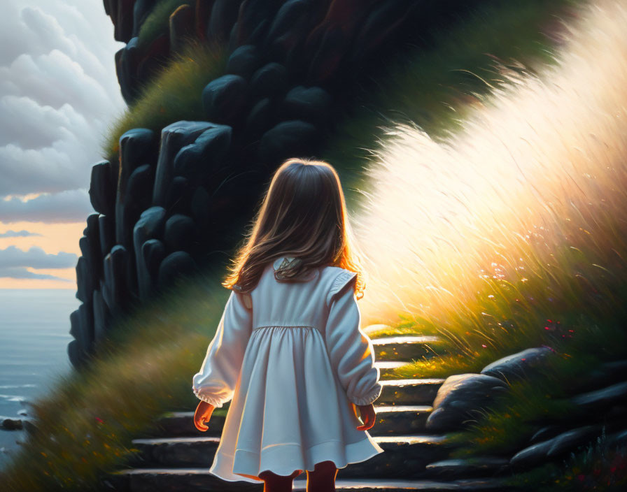 Young girl in white dress at mystical ocean path between cliffs