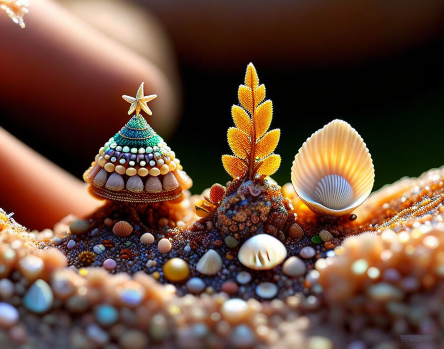 Detailed macro shot of starfish on colorful sea anemone with seashell, blurred background