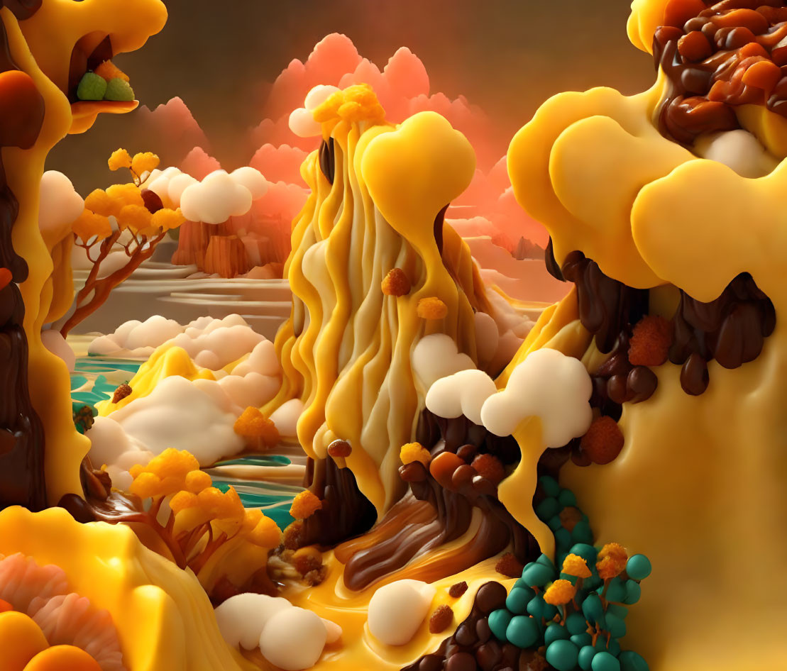 Vibrant surreal landscape with flowing caramel-like structures