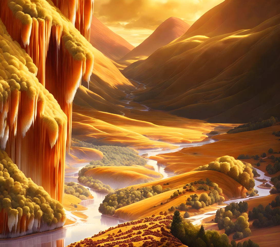 Golden valley with waterfall, hills, and river in digital landscape