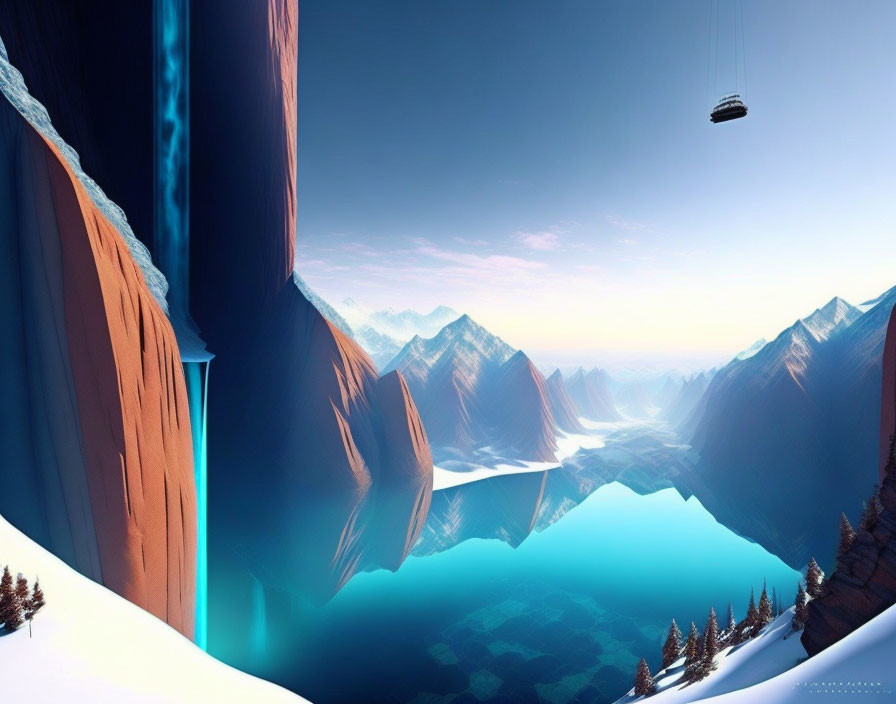 Surreal landscape with cliff, waterfall, cable car, and snow patches