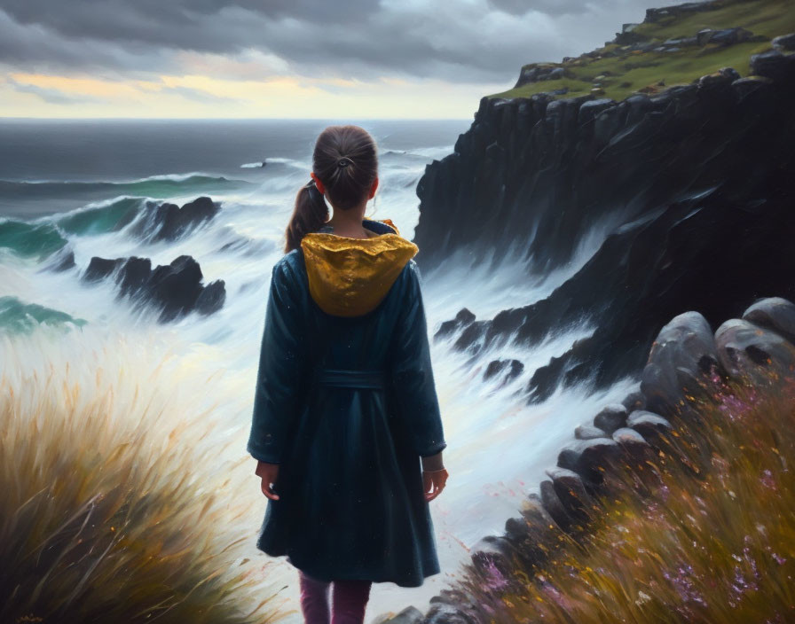 Girl in Blue Coat with Yellow Hood Looking at Stormy Sea from Cliff