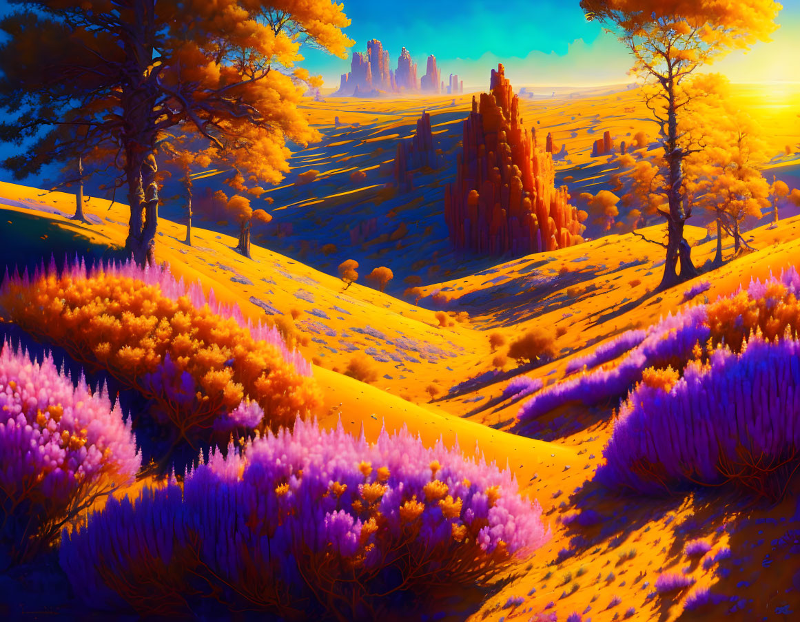 Golden hills and purple shrubs under a radiant sky with rock formations