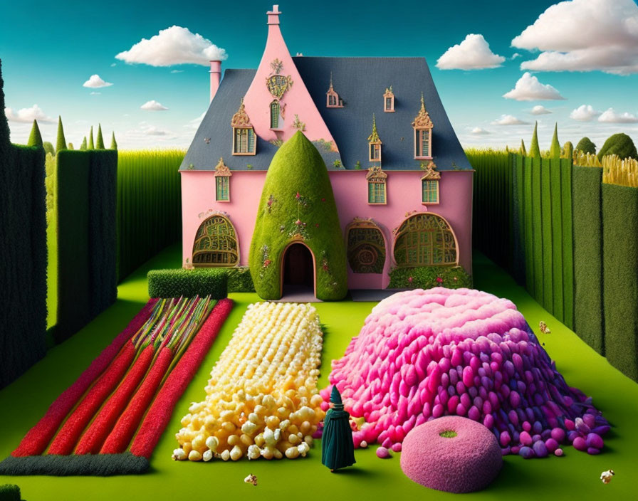 Digital art: Pink house with vegetative walls, oversized food-shaped hedges, and blue character