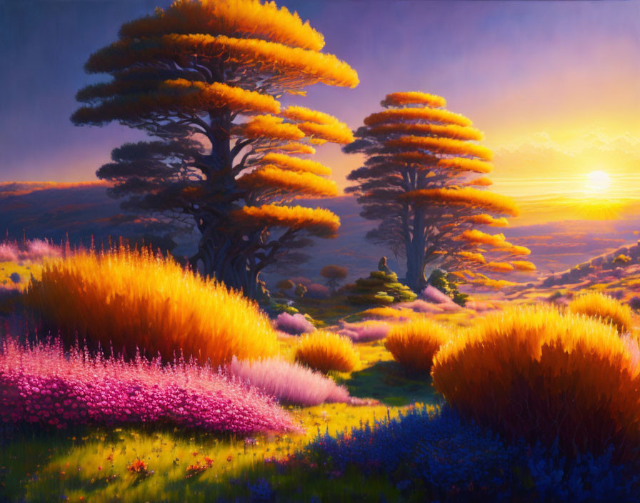 Vibrant sunset scene with golden light, orange trees, and wildflowers