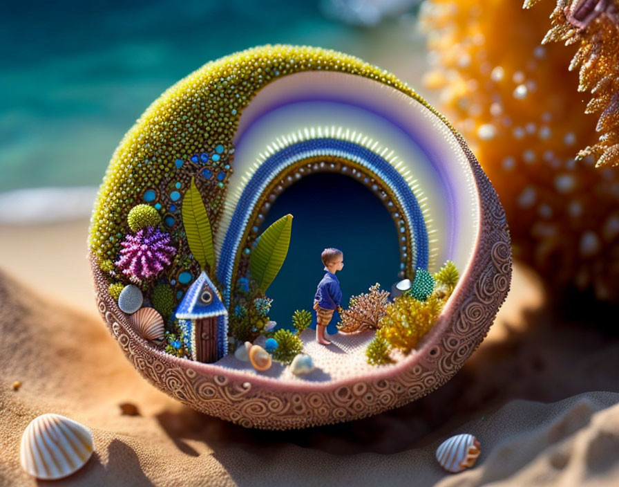 Child in surreal shell portal on beach with marine life.