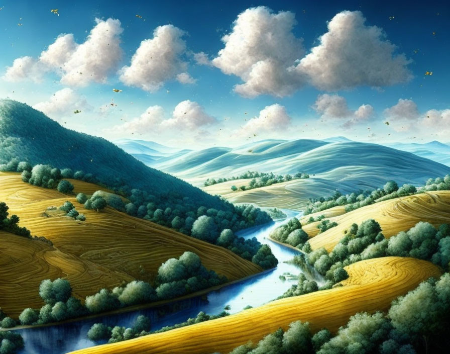 Scenic landscape with green hills, trees, river, golden fields, fluffy clouds, and butterflies.