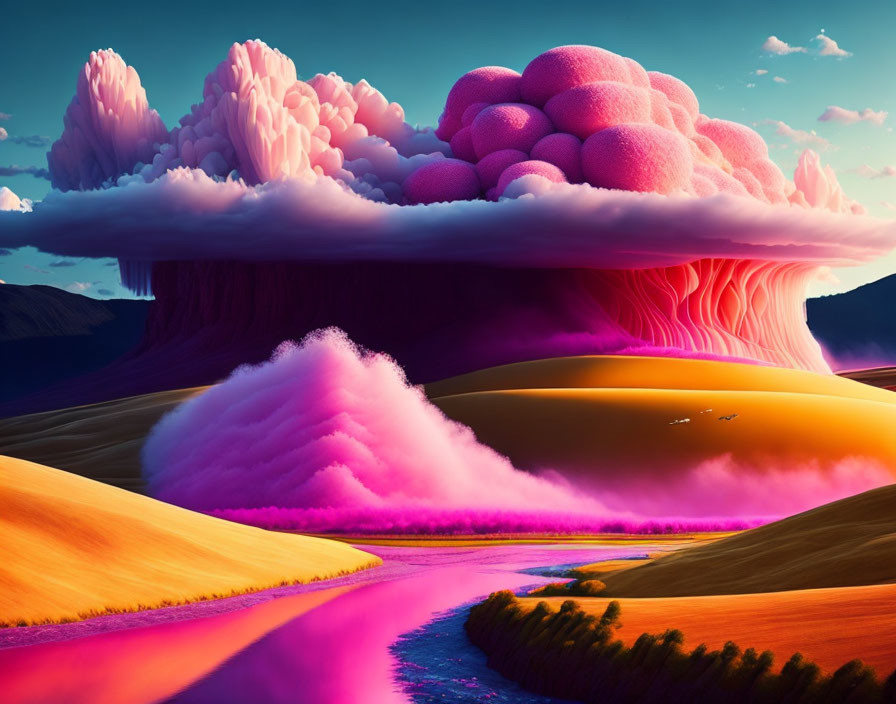 Colorful landscape with golden hills, pink river, and surreal sky