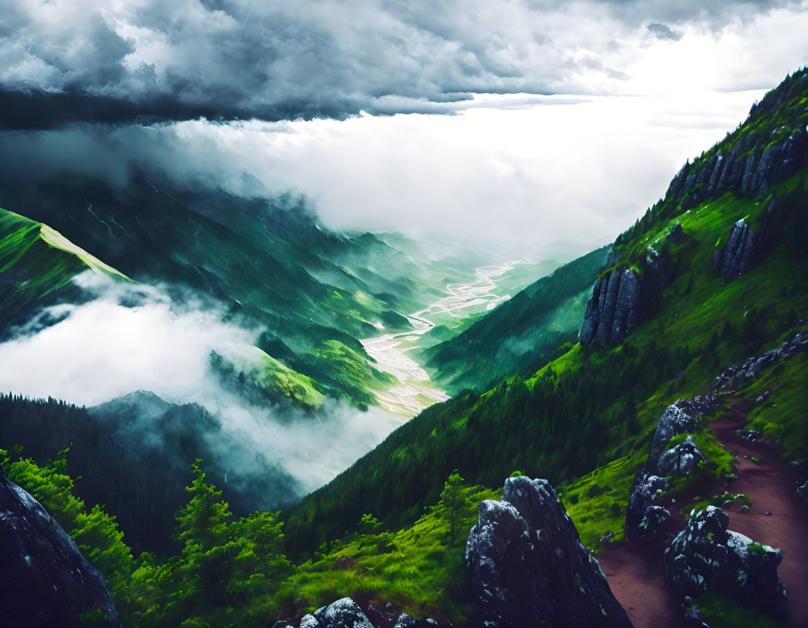 Winding Path Descending into Lush Green Valley surrounded by Misty Mountains