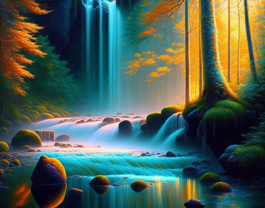 Autumnal forest with waterfall, blue water, and sunbeams