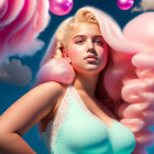 Surreal portrait: Woman with voluminous pink hair under blue sky.