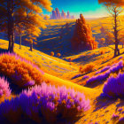 Golden hills and purple shrubs under a radiant sky with rock formations