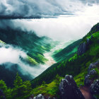 Winding Path Descending into Lush Green Valley surrounded by Misty Mountains