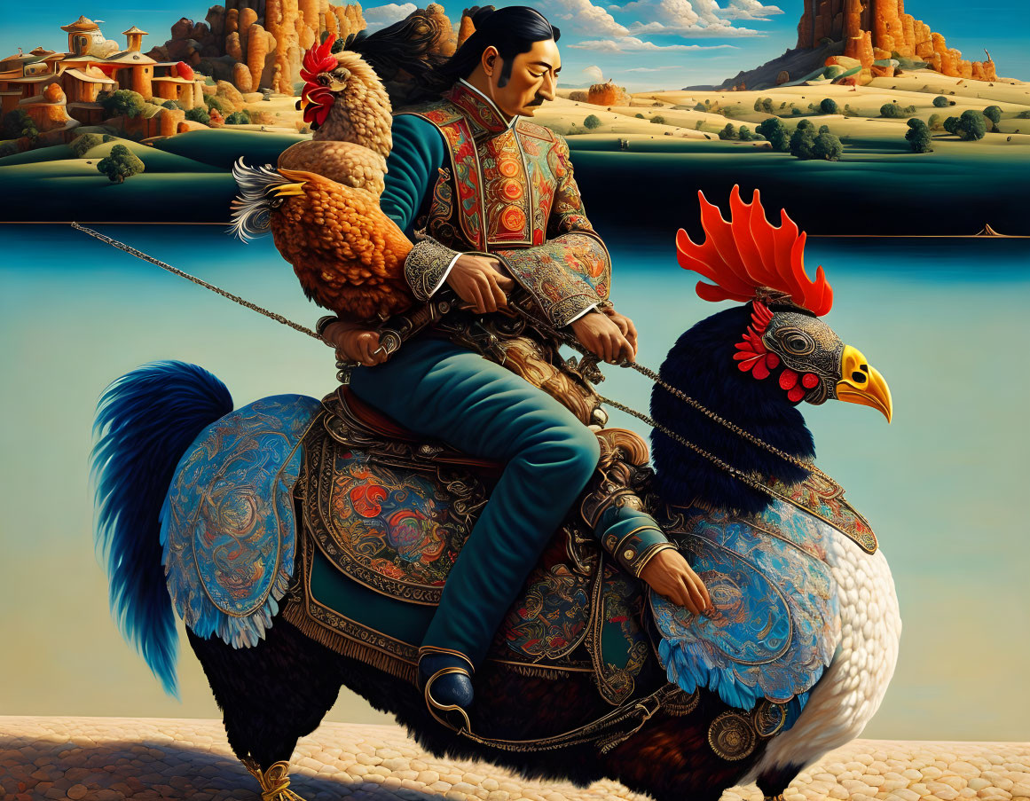 Regal figure in ornate armor riding giant rooster through fantastical landscape