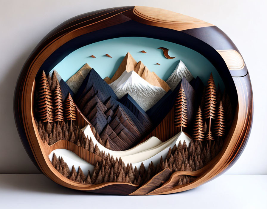 Layered Wooden Art Piece: Mountains, Forests, River, Bird in Oval Frame