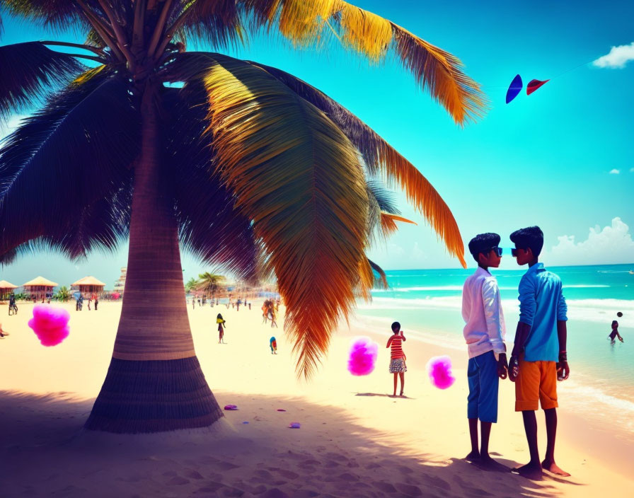 Beach scene with two people under palm tree, kite flying, and pink orbs scattered around