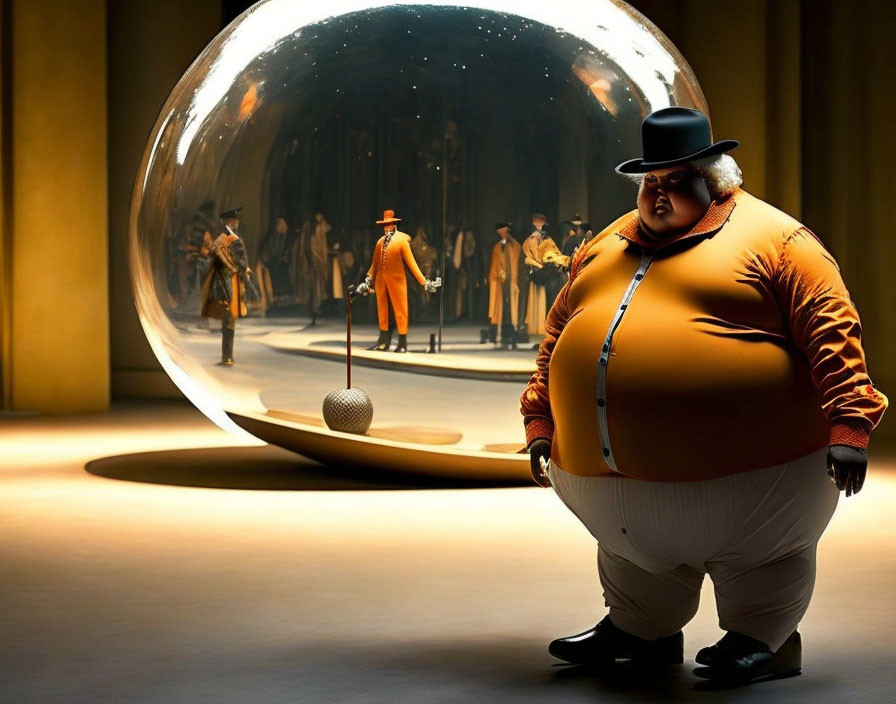 Rotund character in suit observed by group behind glass sphere