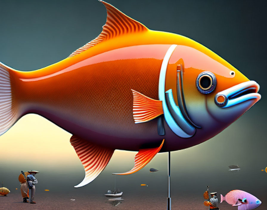 Large Stylized Fish Floats Over Miniature Landscape with Tiny People and Boat