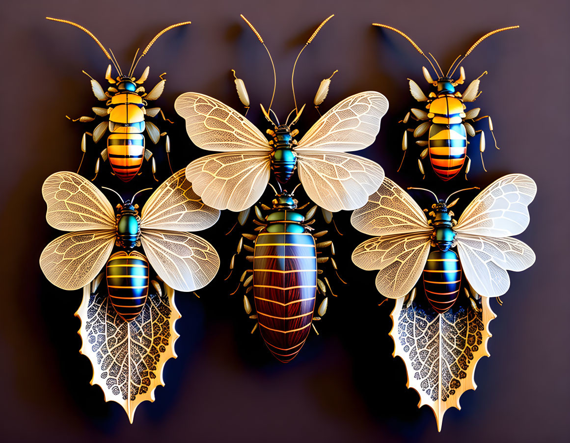 Three stylized metallic beetles with intricate wing patterns on dark background.