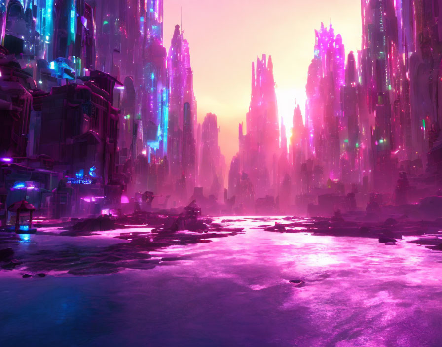 Futuristic cityscape with glowing purple and pink lights and towering skyscrapers