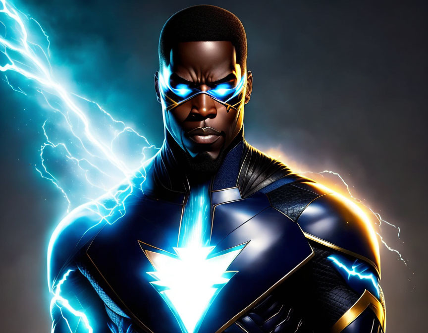 Superhero illustration with blue & yellow lightning costume and glowing eyes