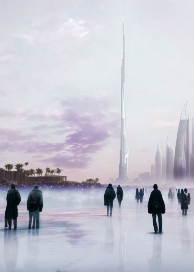 Futuristic cityscape with tall spire and hazy sky