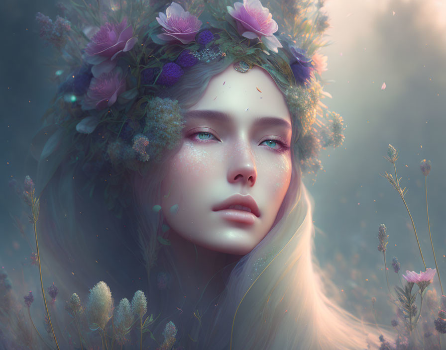 Person with Floral Crown in Soft Pastel Tones and Ethereal Lighting