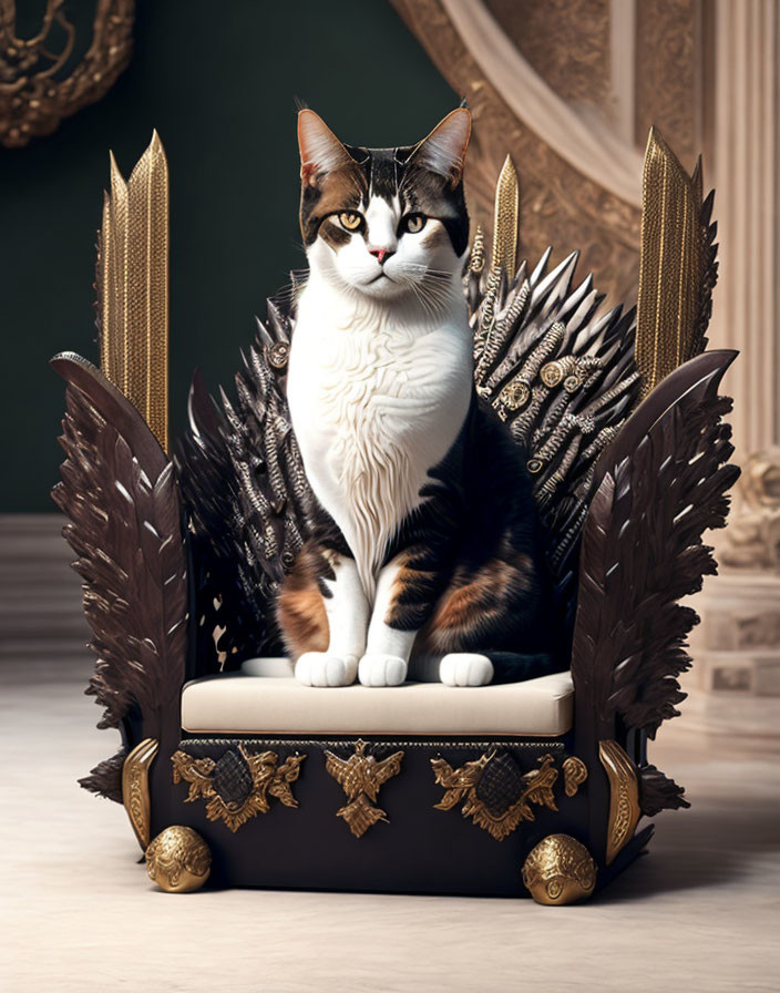 Majestic cat on gold-accented throne in elegant room