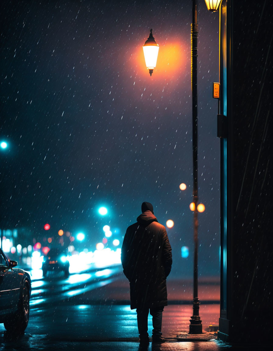 Person standing under glowing streetlamp in wet night street with blurred city lights