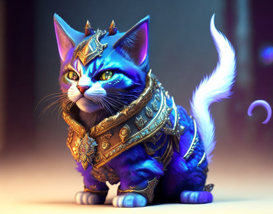 Blue Cat in Fantasy Armor with Green Eyes and Gold Details