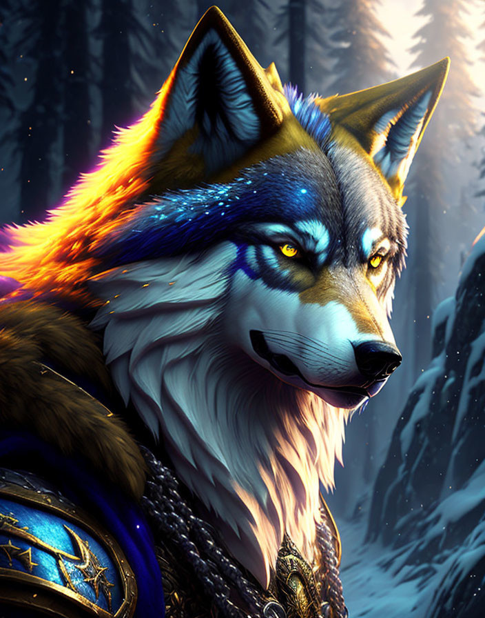 Detailed illustration: Regal anthropomorphic wolf in ornate armor against snowy forest.